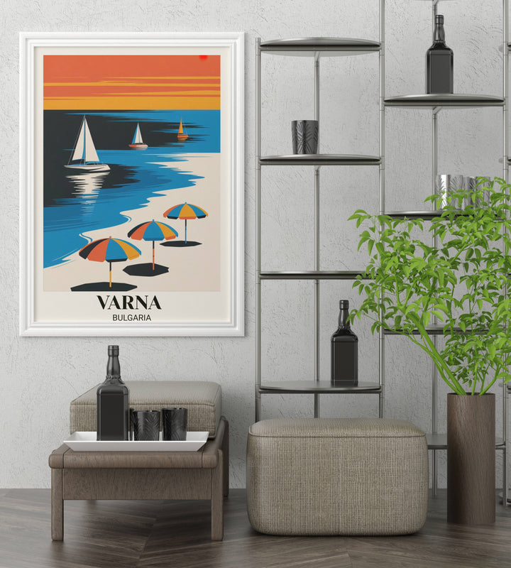 Bold modern Varna Bulgaria travel poster with geometric simplified composition, striking color palette, contemporary sailboats and umbrellas, flat design with digital illustration style
