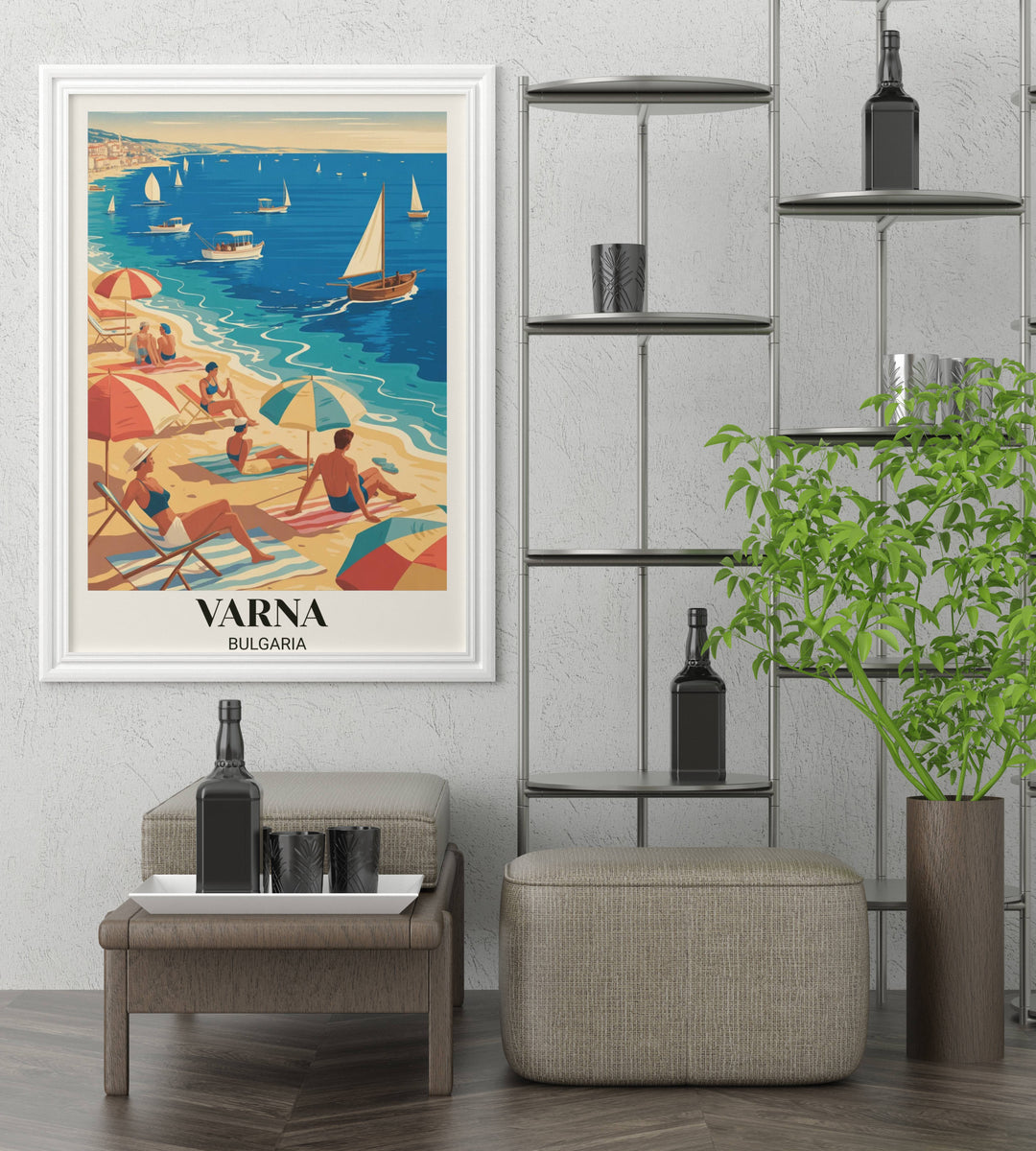 Retro Balkantourist art print of Varna Bulgaria beach resort with mid-century tourists, traditional sailing boats, turquoise sea, and authentic 1950s-60s vacation aesthetic
