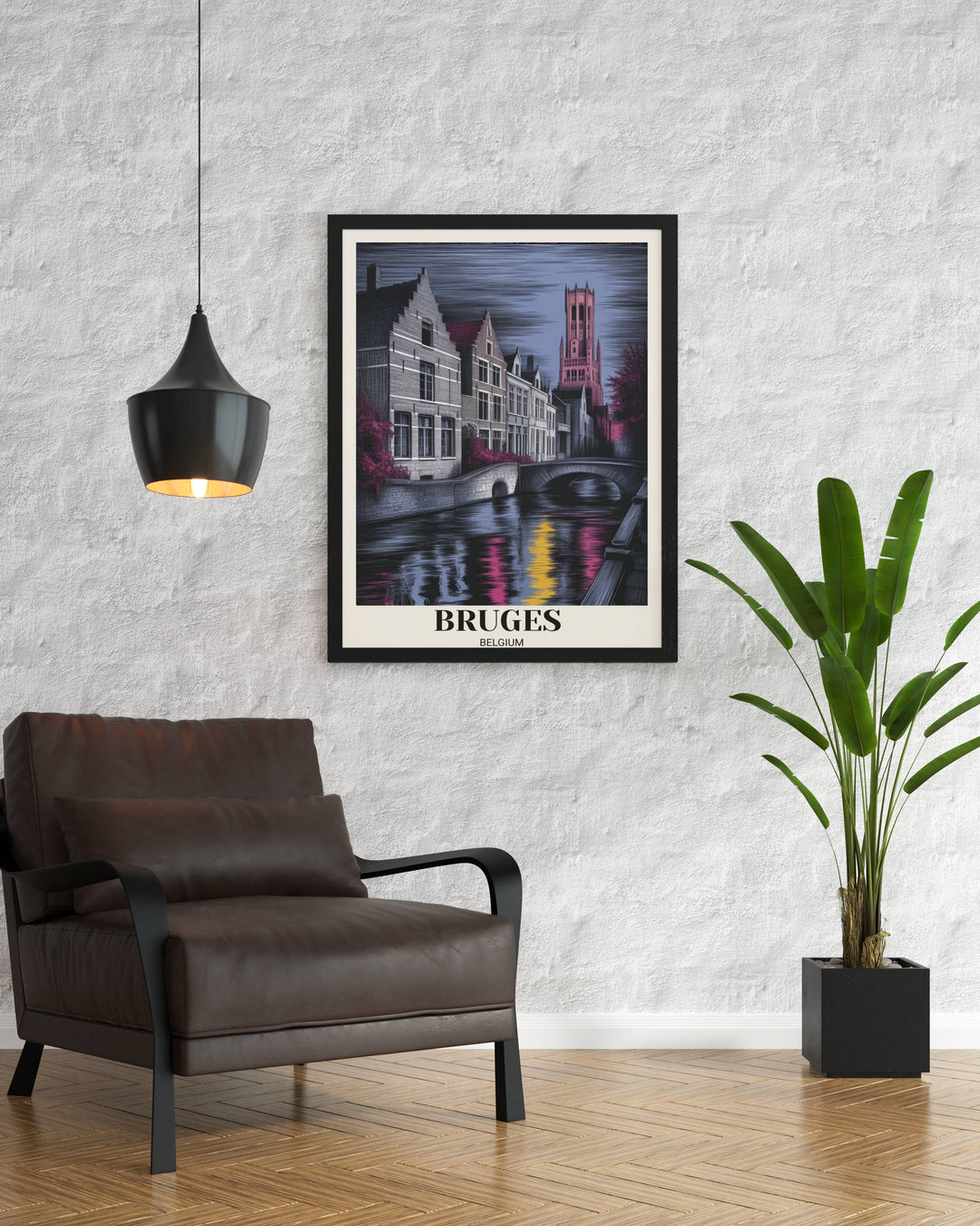 Moody Bruges art print with an off-white border, showcasing the historic tower in vibrant pink against dark clouds, styled in a sleek black frame for modern home decor.