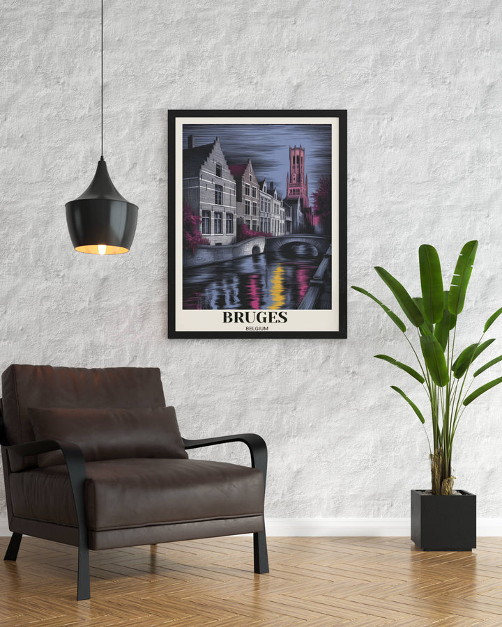 Moody Bruges art print with an off-white border, showcasing the historic tower in vibrant pink against dark clouds, styled in a sleek black frame for modern home decor.