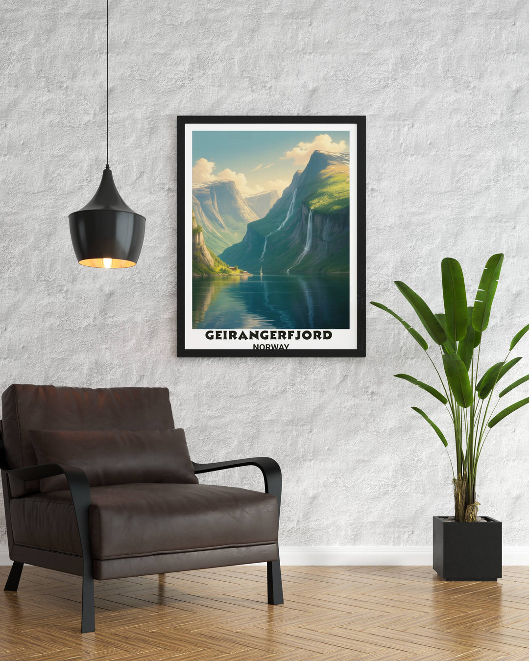 Professional landscape wall art of the Norwegian fjords with a focus on dramatic vertical cliffs and a solitary white sailboat on calm blue water for a modern Scandinavian home.