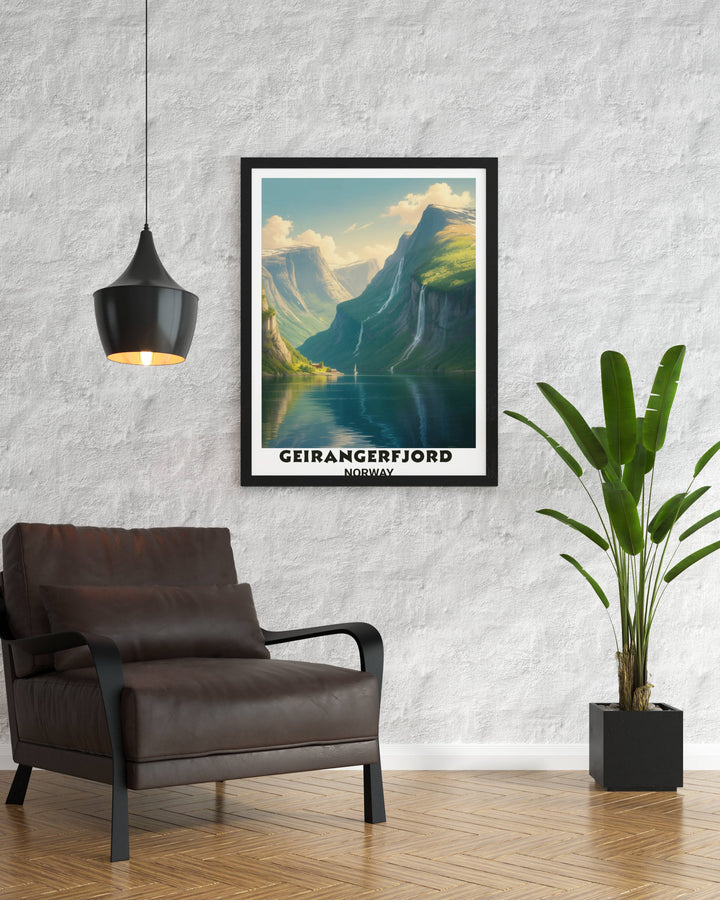 Professional landscape wall art of the Norwegian fjords with a focus on dramatic vertical cliffs and a solitary white sailboat on calm blue water for a modern Scandinavian home.