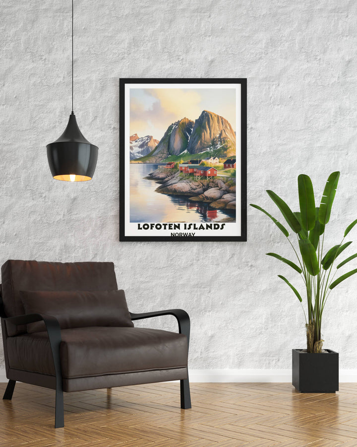 Vertical coastal wall art for home interiors depicting the breathtaking scale of the Arctic wilderness with layered mountain depth and traditional red Scandinavian architecture.