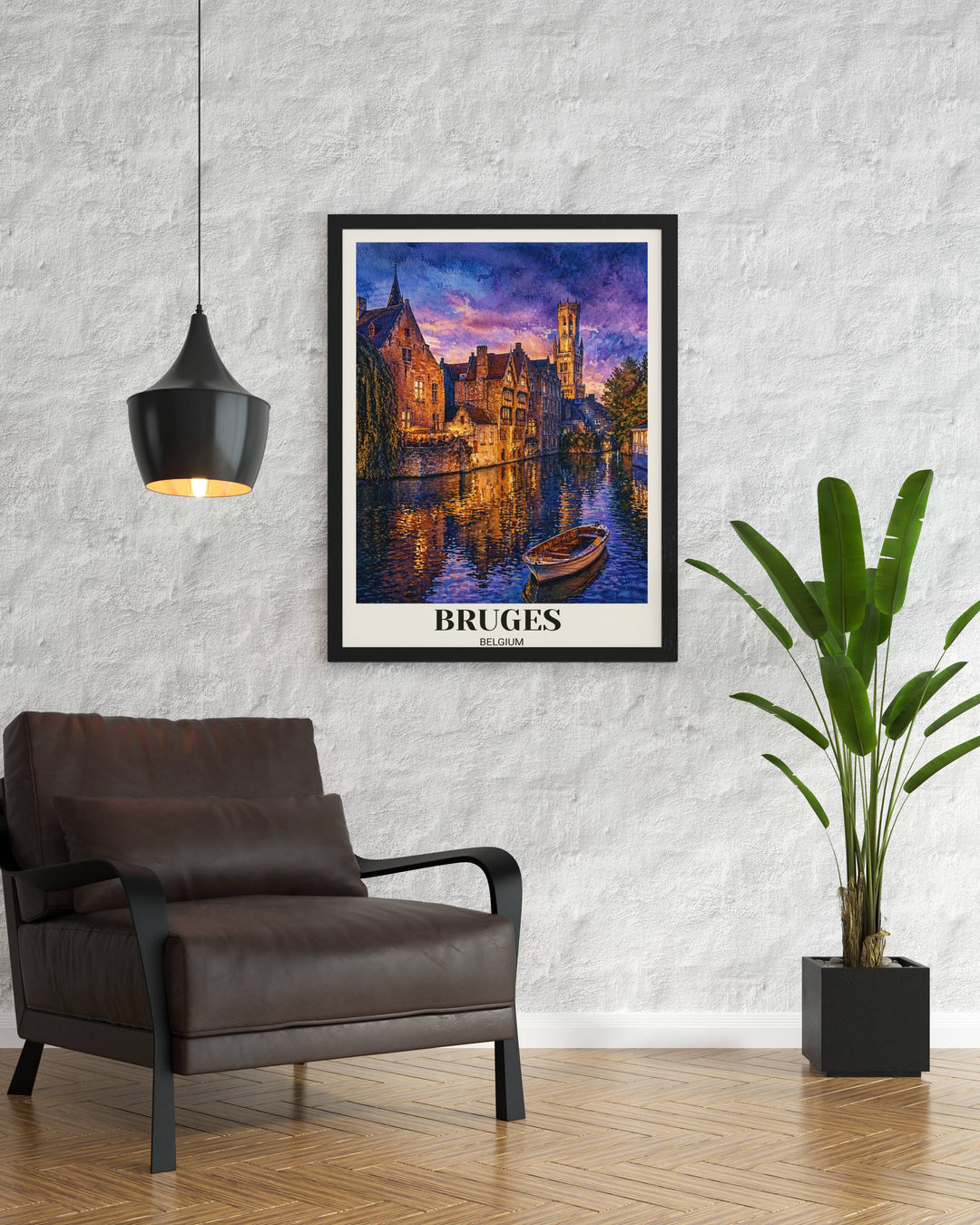 Museum-grade watercolor travel poster of Bruges Belgium, showing a solitary boat on the canal and the iconic belfort tower silhouetted against a colorful twilight sky.