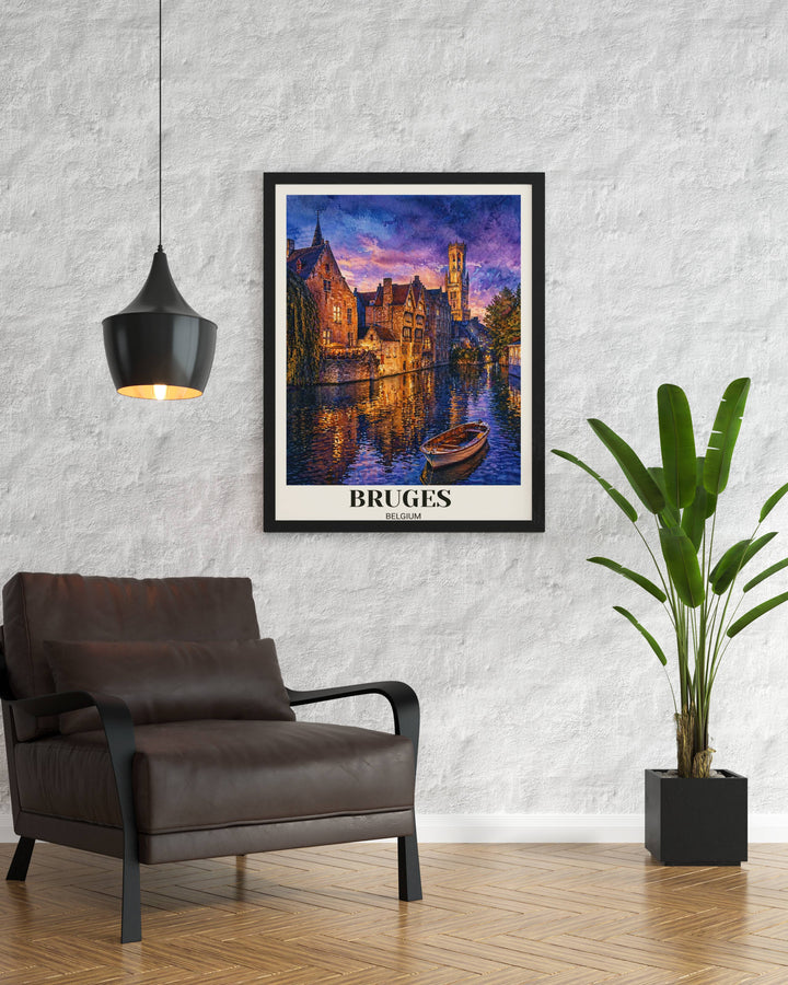 Museum-grade watercolor travel poster of Bruges Belgium, showing a solitary boat on the canal and the iconic belfort tower silhouetted against a colorful twilight sky.