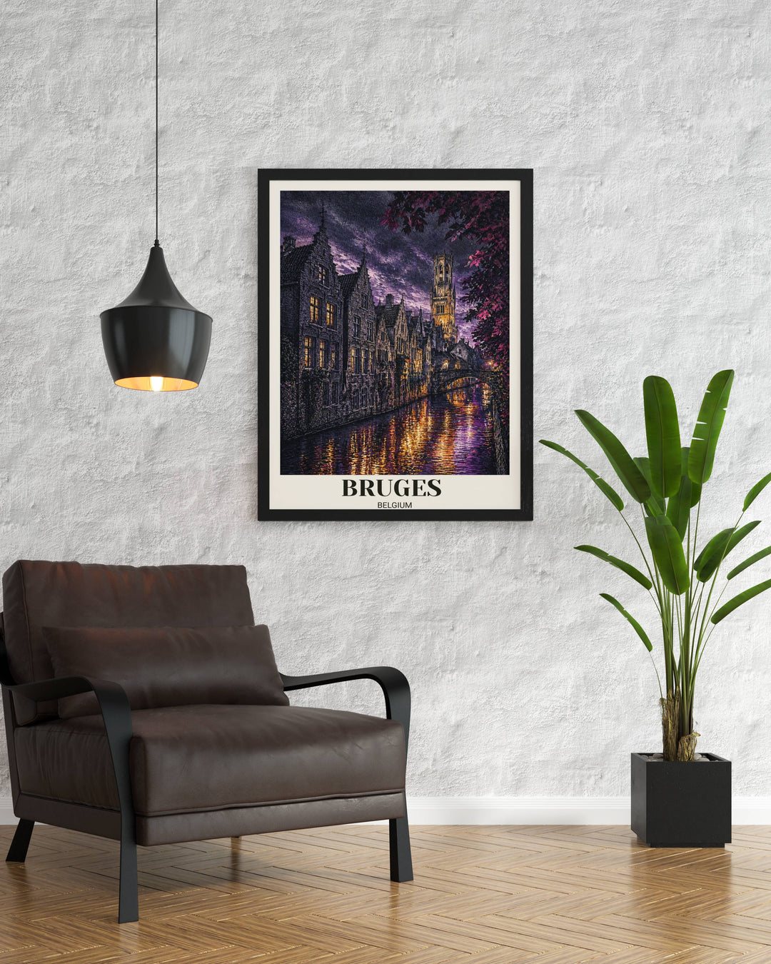 Premium travel poster for Bruges Belgium in a modern-etched style, featuring high-contrast "Fire and Ice" lighting with violet clouds and golden water reflections on the canal.