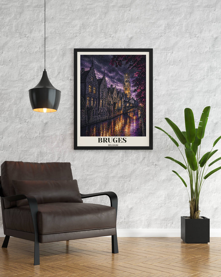 Premium travel poster for Bruges Belgium in a modern-etched style, featuring high-contrast "Fire and Ice" lighting with violet clouds and golden water reflections on the canal.