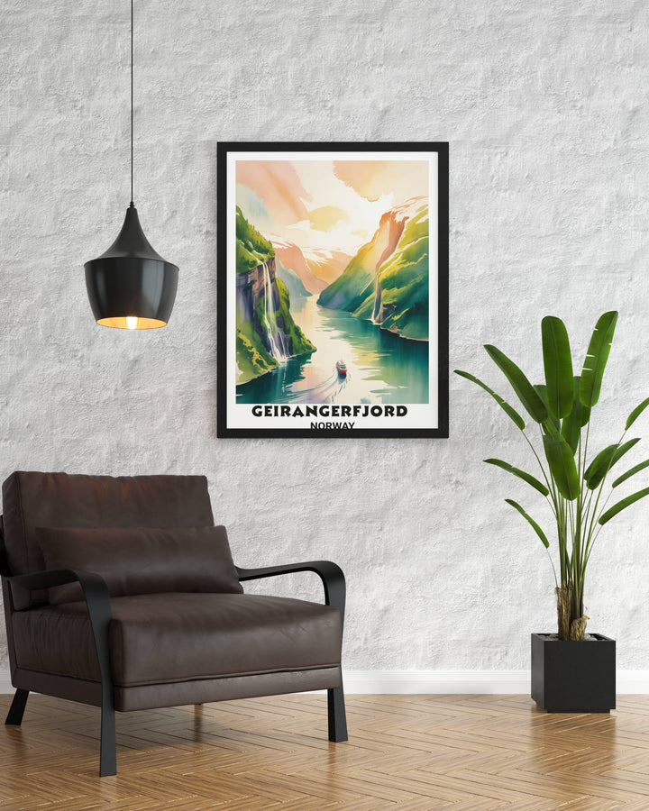 Detailed watercolor illustration of the Norwegian mountains and waterfalls in Geirangerfjord, available as a high-quality matte paper print for travelers and nature enthusiasts.