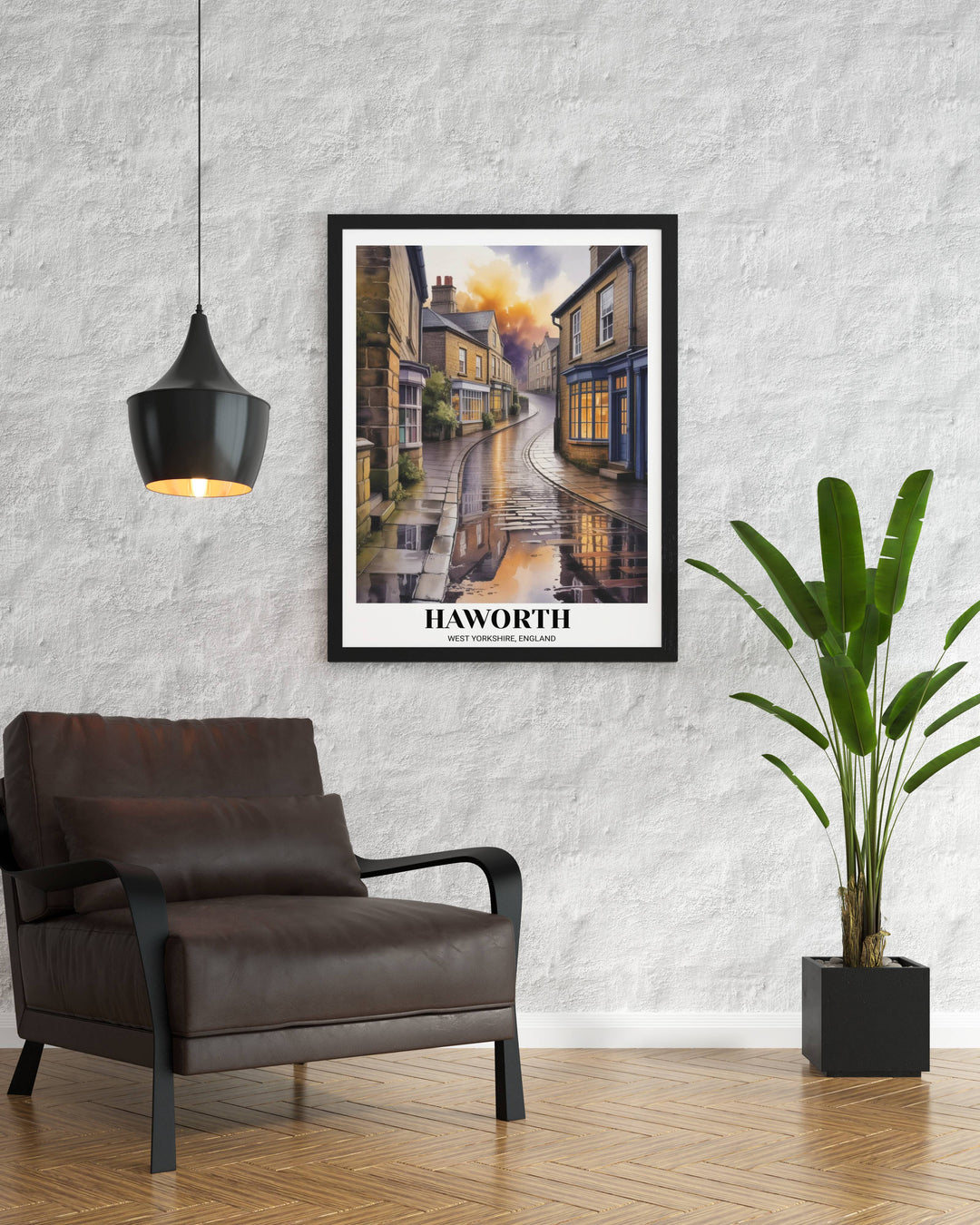 Unique Yorkshire travel gift with a dramatic golden hour sky and a cozy village aesthetic, perfect for a literary-themed gallery wall or rustic home decor.