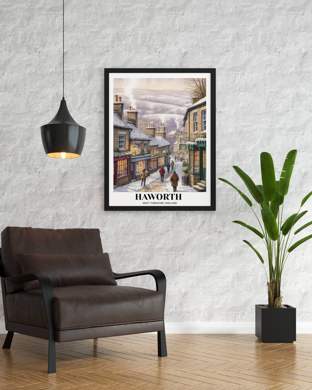 Cozy winter wall decor featuring the historic home of the Brontës in a snowy landscape, perfect for seasonal holiday decorating or a library wall.