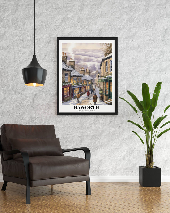 Cozy winter wall decor featuring the historic home of the Brontës in a snowy landscape, perfect for seasonal holiday decorating or a library wall.