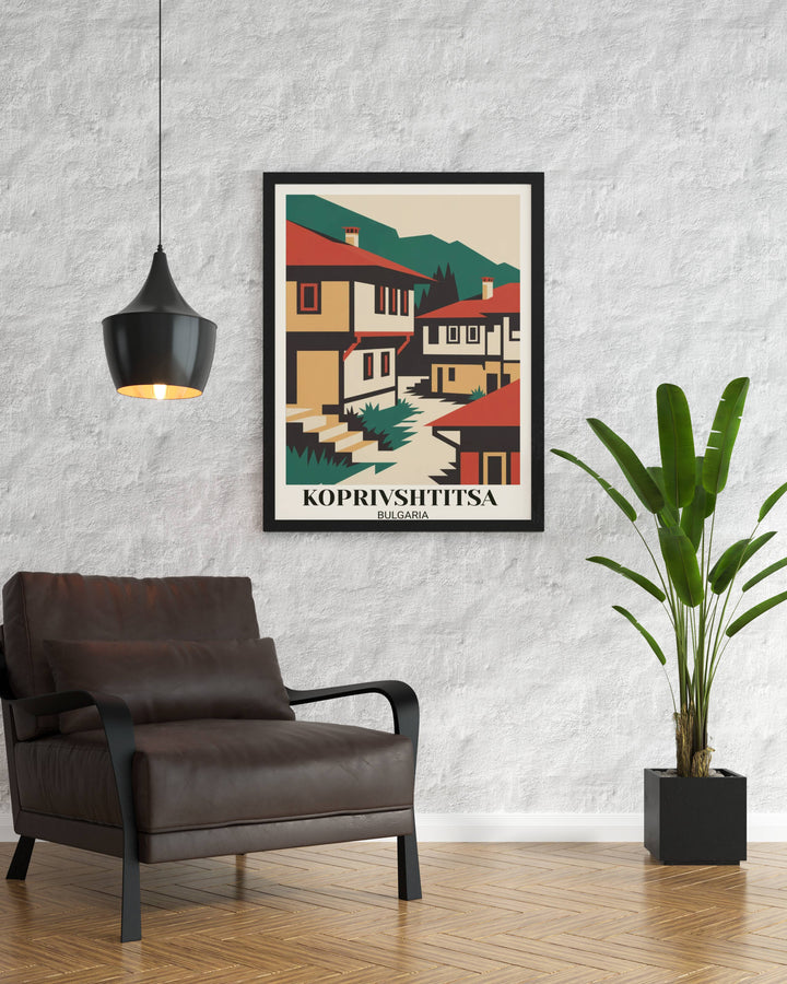 Modern Koprivshtitsa Bulgaria travel poster with geometric village design, bold reds and creams, traditional roofs and architecture, and contemporary flat design illustration
