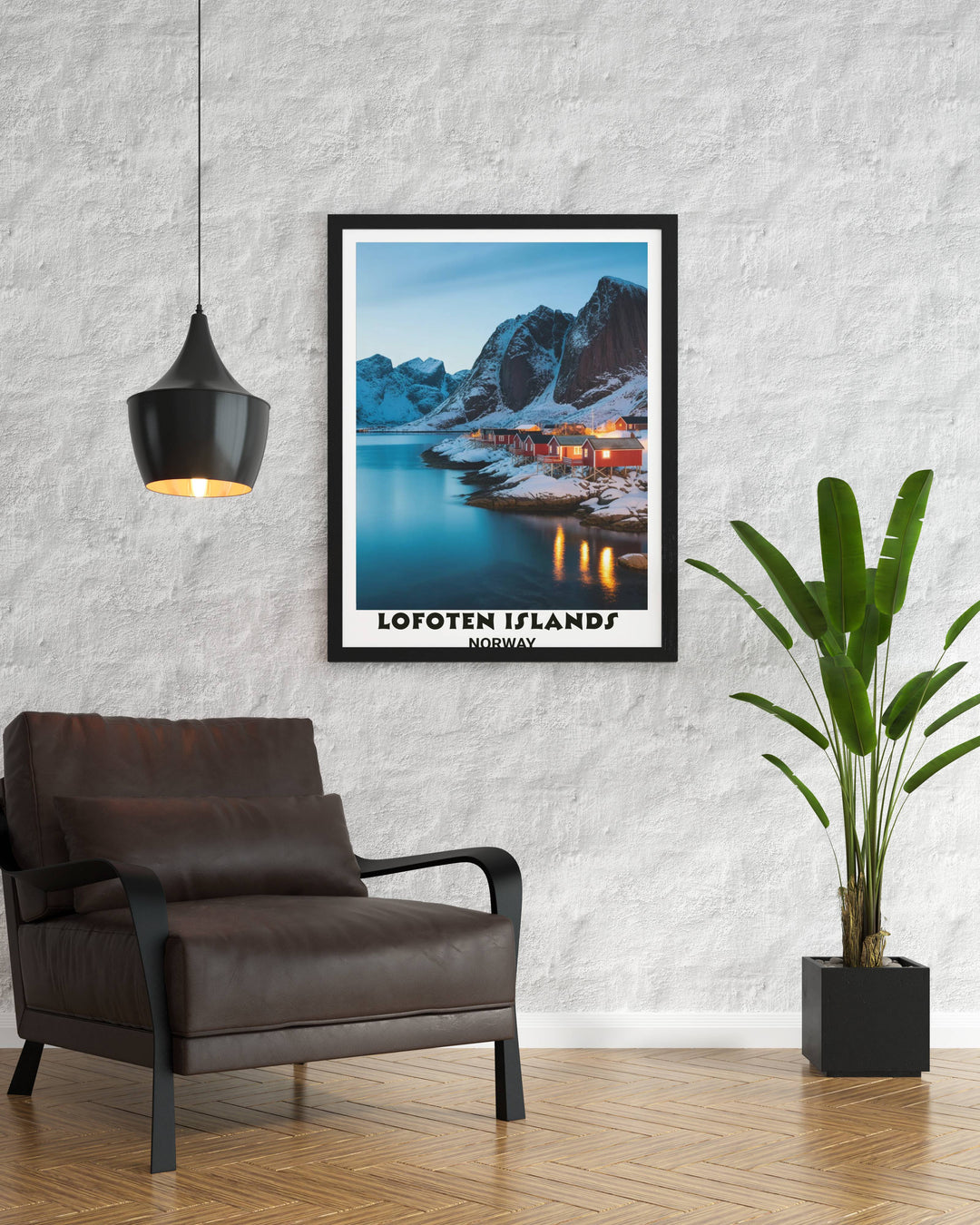 Scandinavian home decor wall art print depicting serene Lofoten Islands Arctic landscape with snow-covered peaks, turquoise waters, cozy cabin settlement

