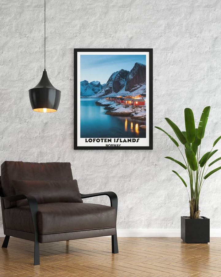 Scandinavian home decor wall art print depicting serene Lofoten Islands Arctic landscape with snow-covered peaks, turquoise waters, cozy cabin settlement
