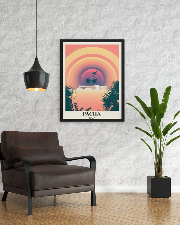 Feel the Balearic beat with this high-contrast Pacha Ibiza dreamscape art, layering electric peach tones with deep teal tropical foliage in a premium Map Your Dreams composition.