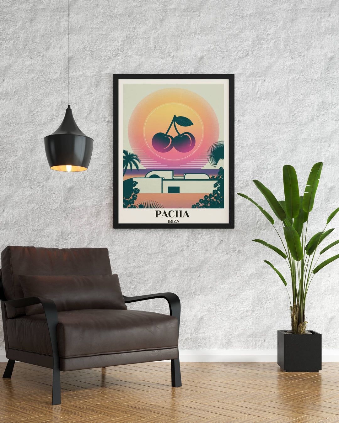 Bring the golden hour home with this Map Your Dreams Pacha Ibiza print, featuring sharp architectural lines and lush palm silhouettes in a premium gallery-border style.