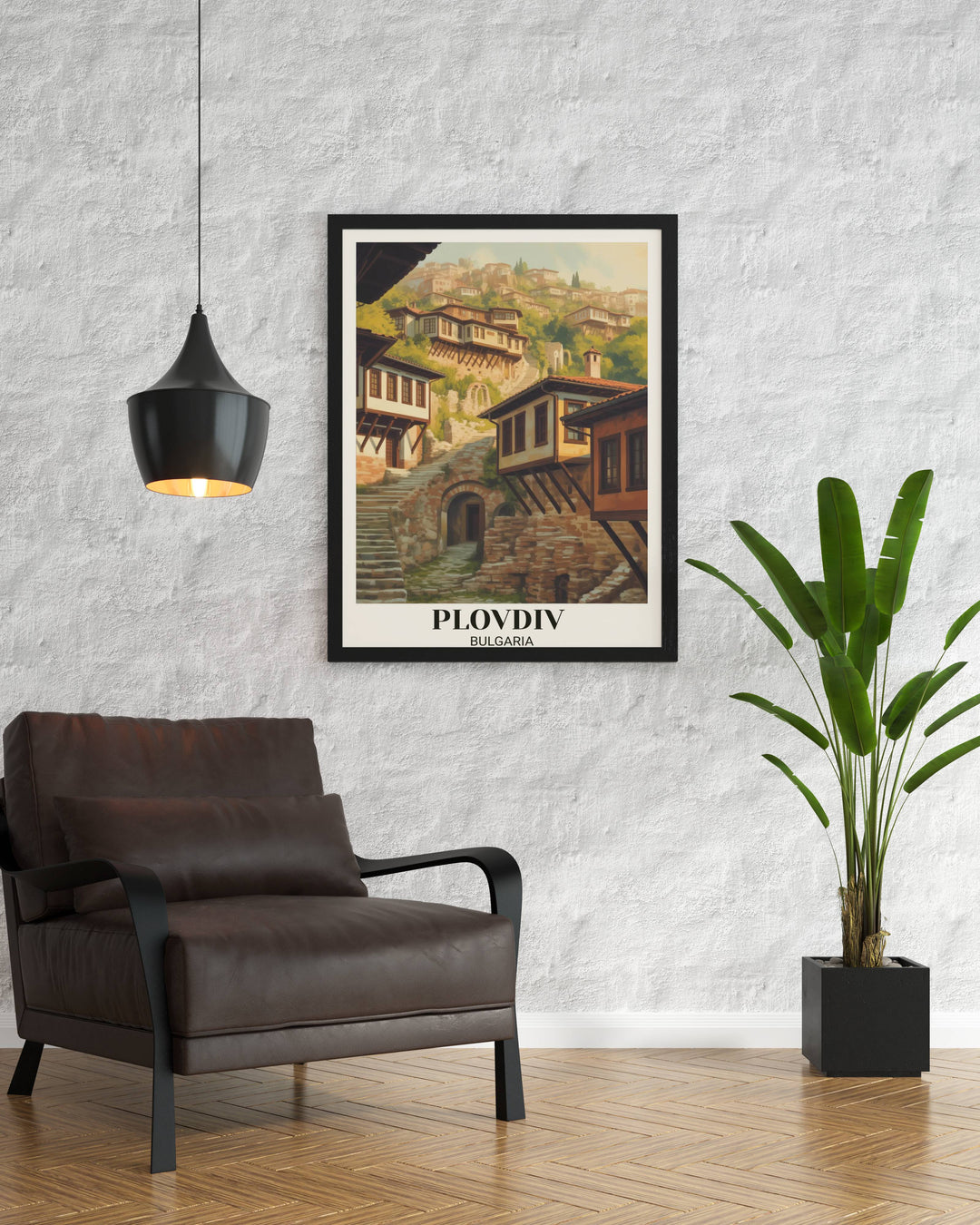 Plovdiv vintage poster art showing ancient Roman Bulgarian city with hillside houses, narrow streets, warm golden light, and layered historical architecture composition