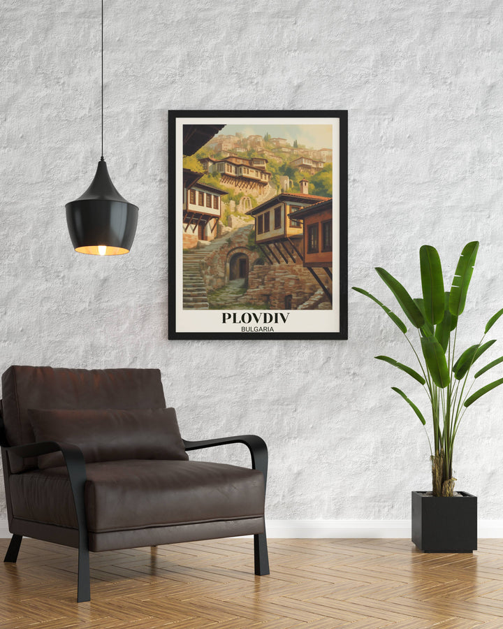 Plovdiv vintage poster art showing ancient Roman Bulgarian city with hillside houses, narrow streets, warm golden light, and layered historical architecture composition