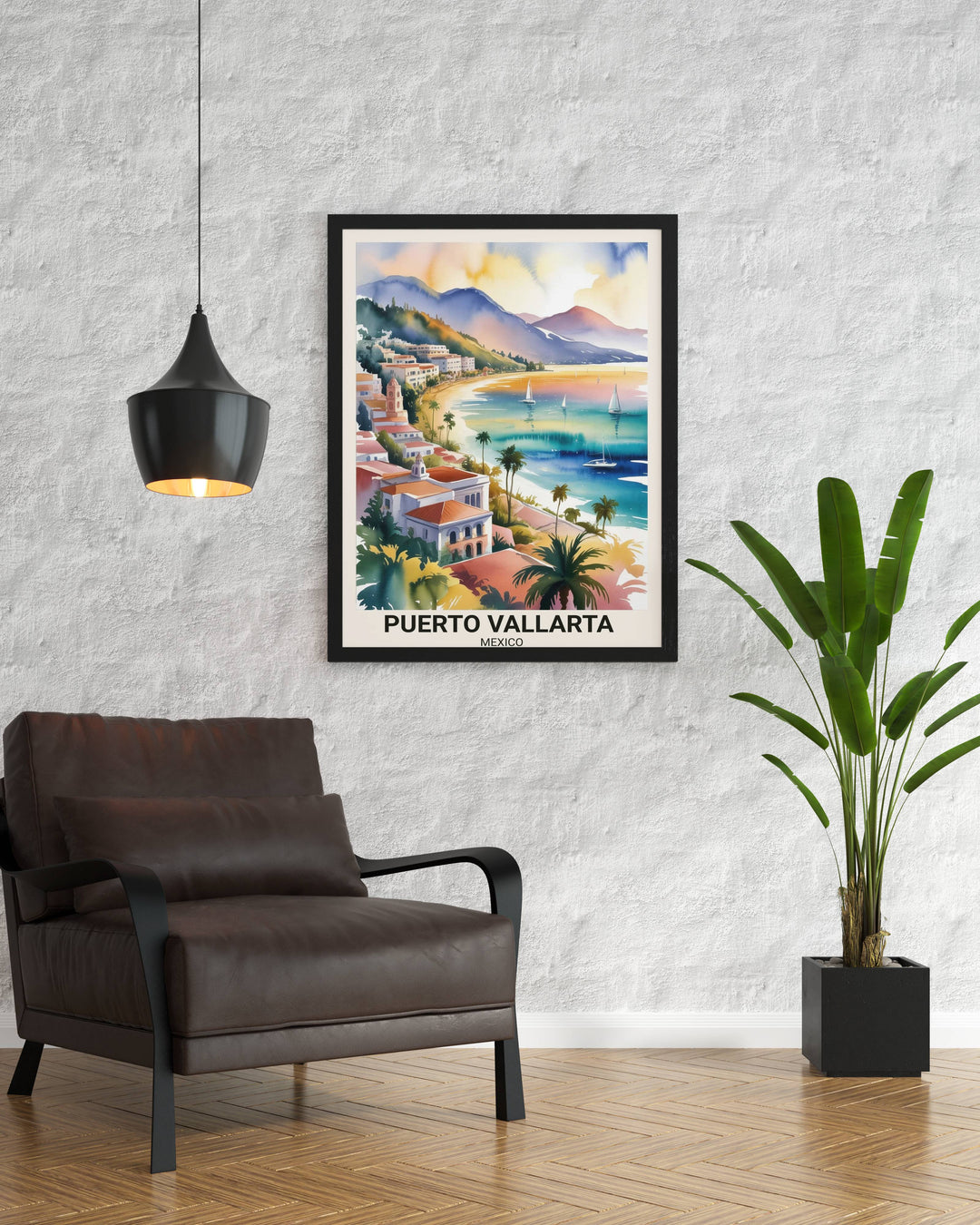 Vibrant landscape art of a coastal Mexican town with a focus on the contrast between the colorful tropical flora and the majestic stone church tower against the Sierra Madres.