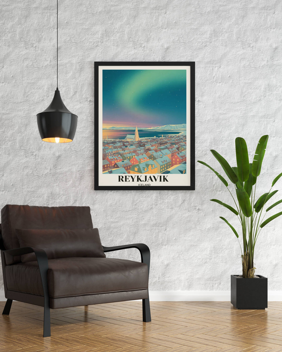 Cinematic Reykjavik wall art featuring a rich palette of midnight blue and teal, capturing the iconic church and snow-dusted coastal houses in winter.