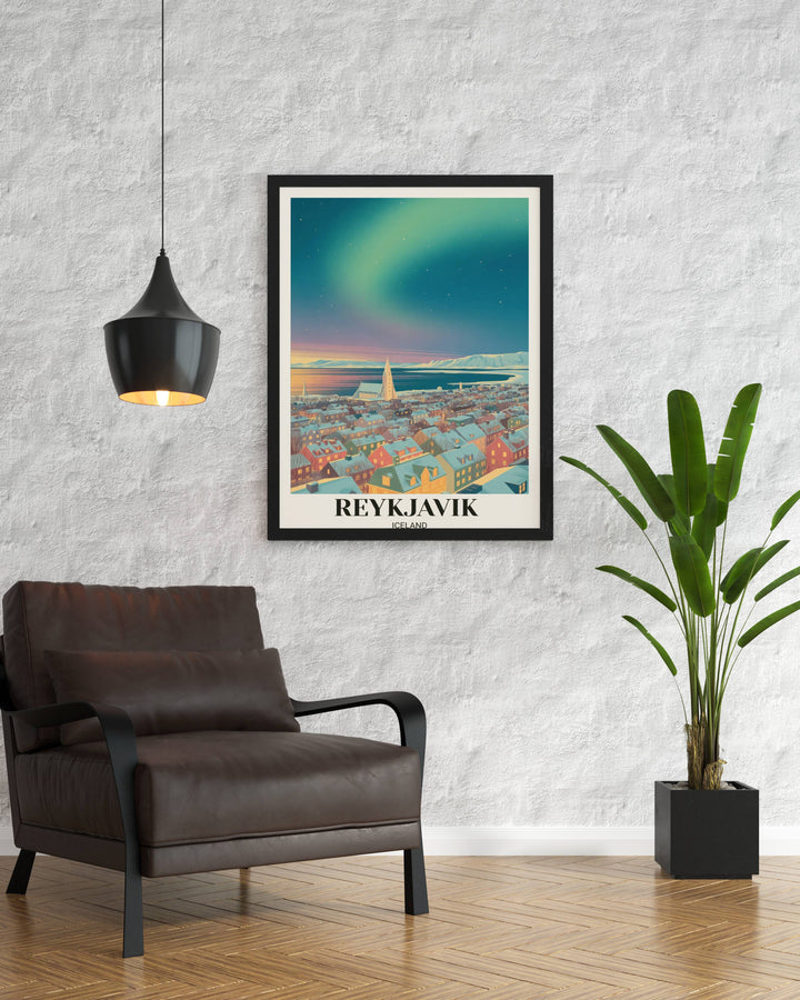 Cinematic Reykjavik wall art featuring a rich palette of midnight blue and teal, capturing the iconic church and snow-dusted coastal houses in winter.
