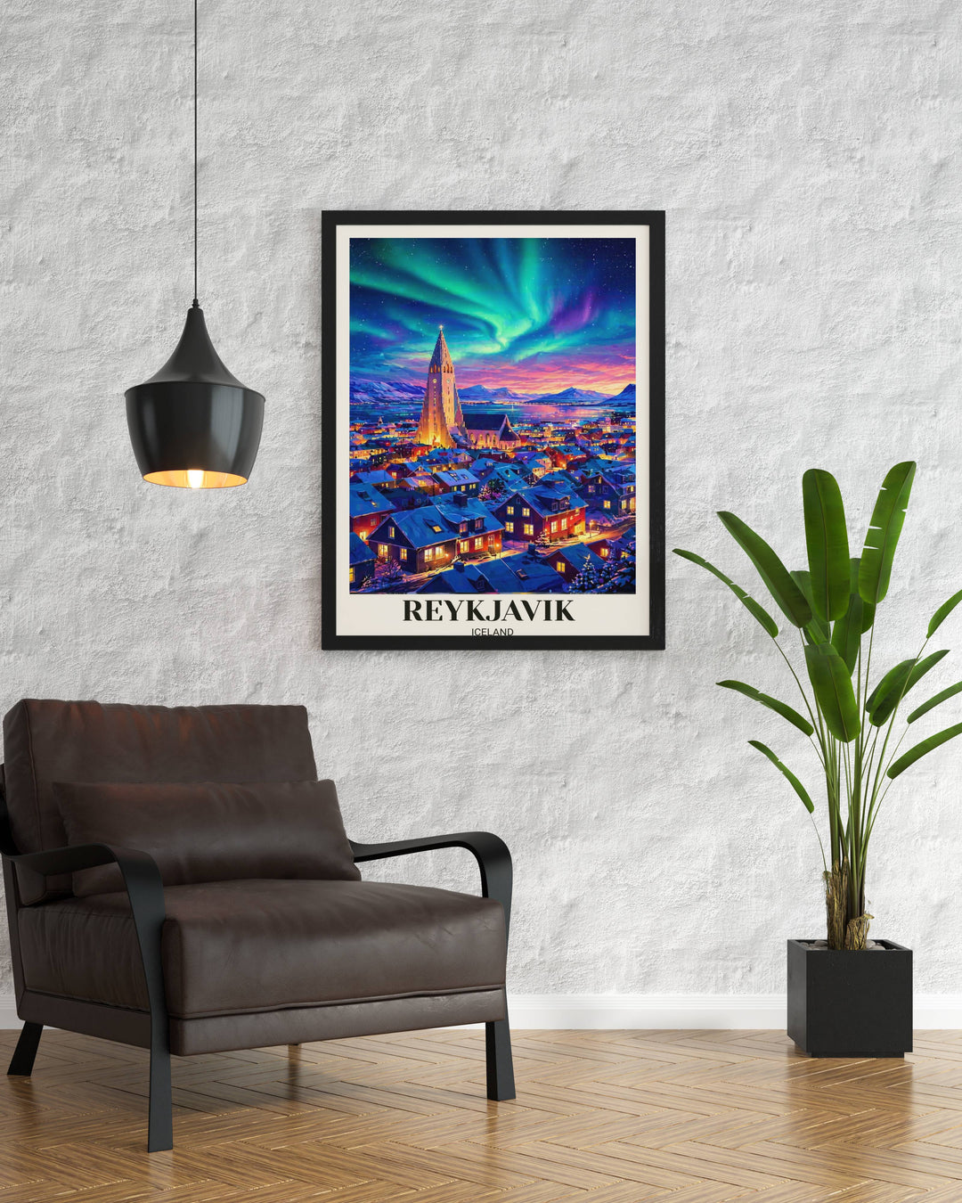 Premium travel art for gallery walls highlighting the iconic Gothic architecture of Iceland in a high-saturation night scene with electric green and violet light reflections.