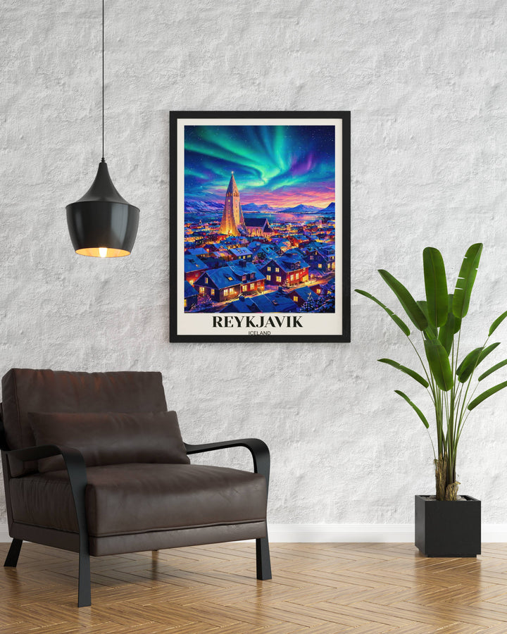 Premium travel art for gallery walls highlighting the iconic Gothic architecture of Iceland in a high-saturation night scene with electric green and violet light reflections.