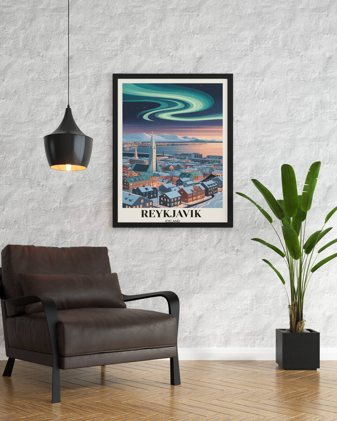 Premium travel poster highlighting the dramatic "Fire and Ice" contrast of Reykjavik with golden city lights and a neon purple sky.