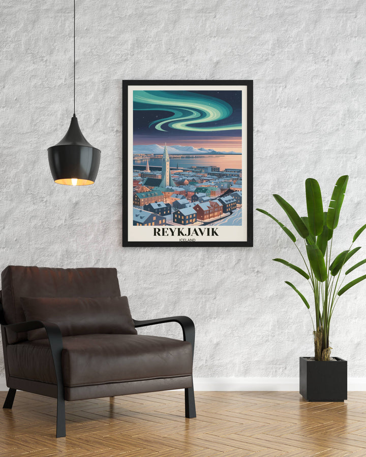 Premium travel poster highlighting the dramatic "Fire and Ice" contrast of Reykjavik with golden city lights and a neon purple sky.