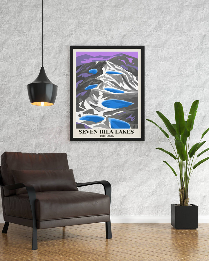 Bold modern Rila Lakes poster featuring geometric alpine interpretation, striking color palette, mountain peaks, glacier lakes, and contemporary minimalist art aesthetic