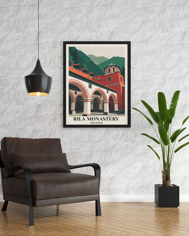 Bold modern Rila Monastery Bulgaria poster with geometric monastery interpretation, red and white striped design, mountains, and contemporary minimalist illustration