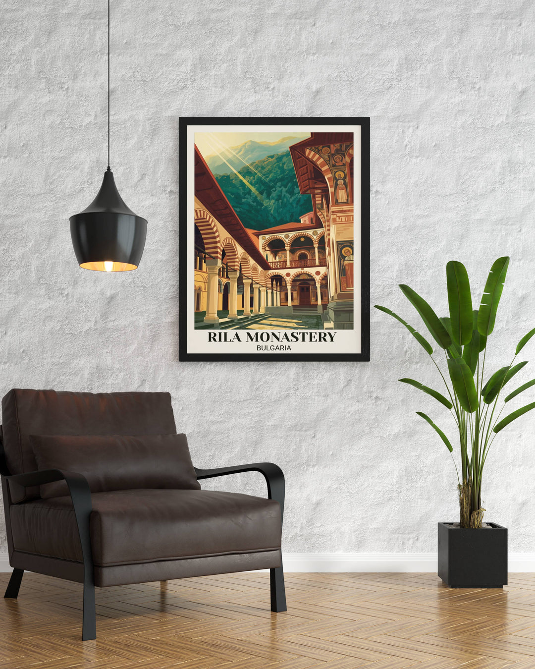 Vintage poster art of Rila Monastery Bulgaria showing iconic red and white striped arches, Byzantine courtyard, frescoes, evergreen mountains, and heritage monastery aesthetic
