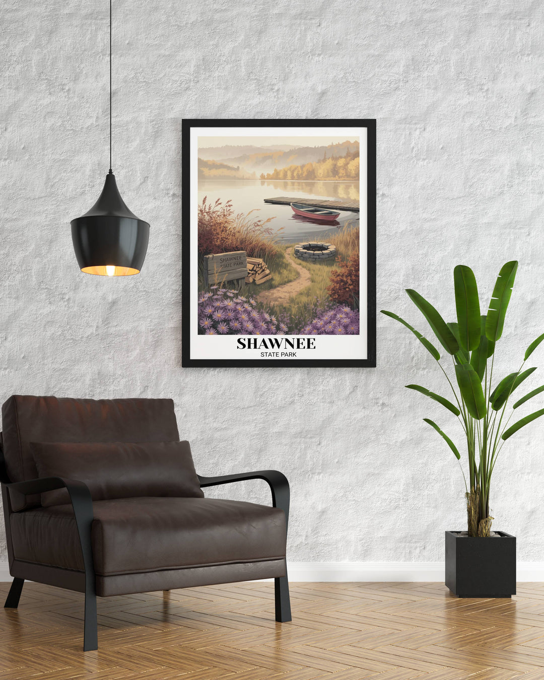 Detailed close-up of the Shawnee State Park art print showing the intricate textures of the purple asters, the weathered wooden dock, and the calm reflections on the lake water.