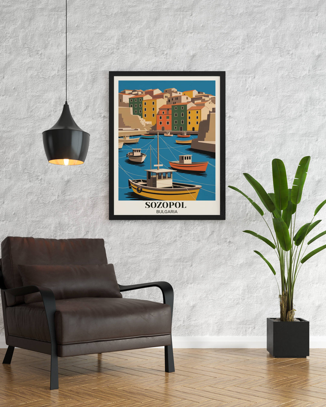 Bold modern Sozopol Bulgaria poster with geometric coastal interpretation, vibrant colors, traditional elements, and contemporary minimalist illustration
