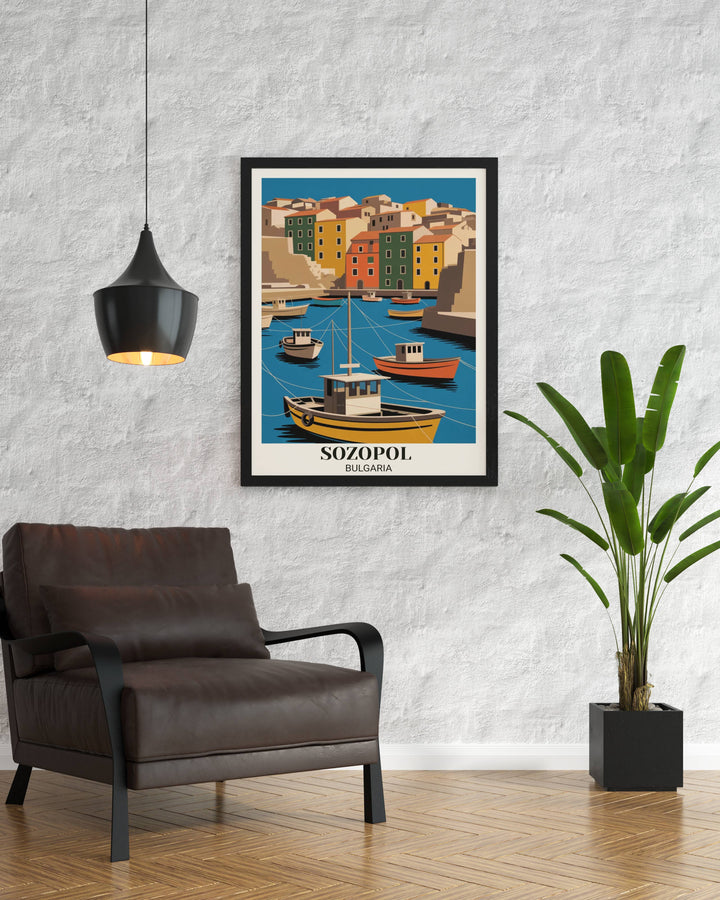 Bold modern Sozopol Bulgaria poster with geometric coastal interpretation, vibrant colors, traditional elements, and contemporary minimalist illustration
