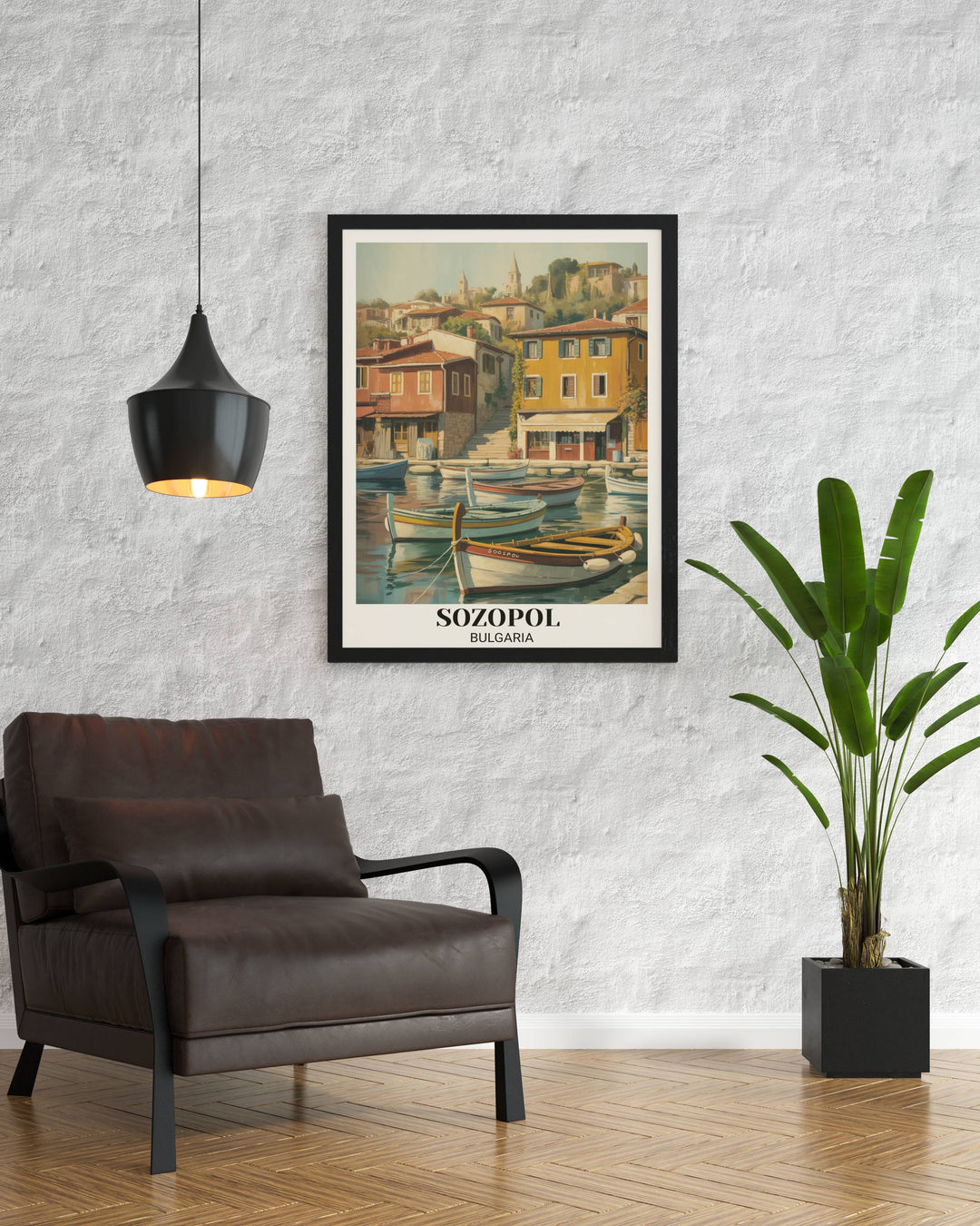 Sozopol vintage poster art showing traditional Black Sea harbor, fishing vessels, colorful waterfront buildings, narrow streets, and warm impressionist illustration style
