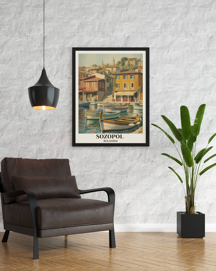 Sozopol vintage poster art showing traditional Black Sea harbor, fishing vessels, colorful waterfront buildings, narrow streets, and warm impressionist illustration style

