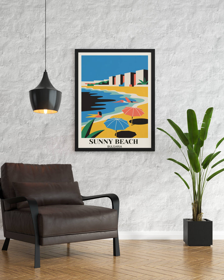 Modern geometric Sunny Beach poster art showing simplified beach resort, bold colors, geometric umbrellas and swimmers, and contemporary flat design