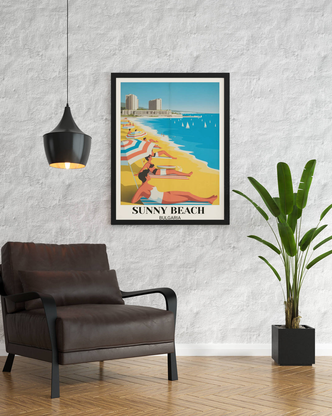Sunny Beach vintage poster art showing mid-century resort, expansive sandy beach, colorful umbrellas, swimming tourists, sailboats, and cheerful vacation atmosphere
