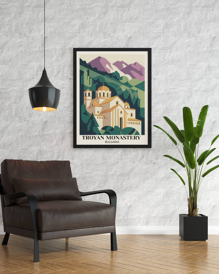 Bold modern Troyan Monastery Bulgaria poster with geometric monastery interpretation, vibrant forest and golden colors, and contemporary minimalist illustration
