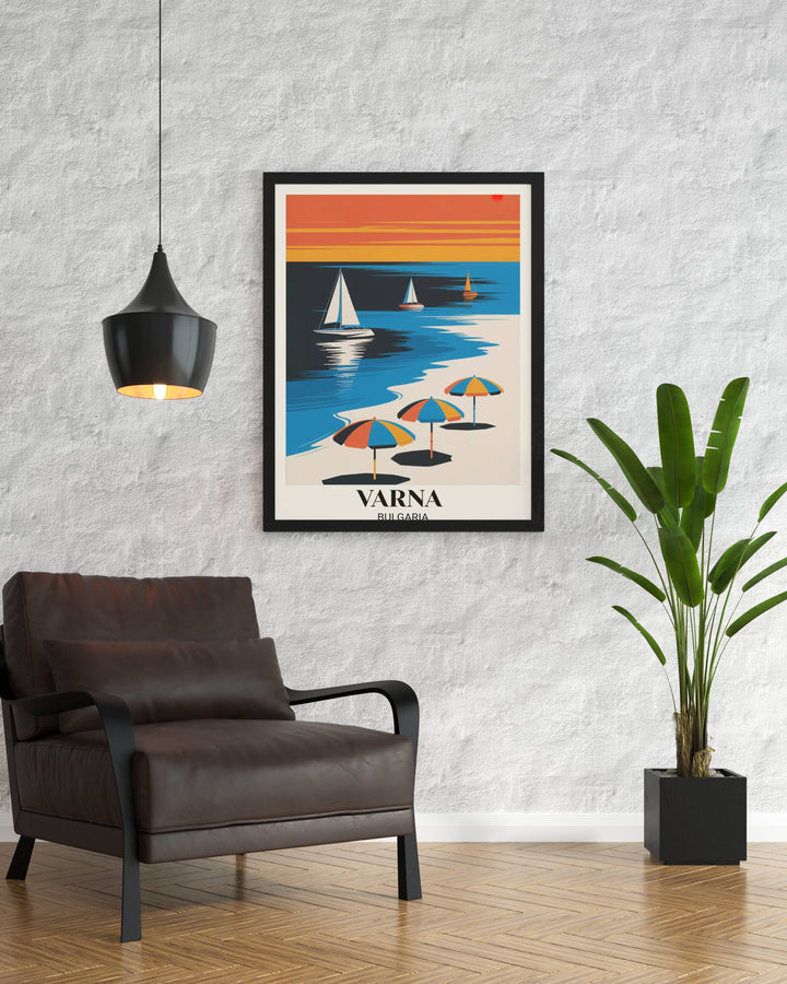 Contemporary Varna Bulgaria poster featuring minimalist beach with bold geometric design, striking color palette, sailboats, umbrellas, and modern travel art aesthetic