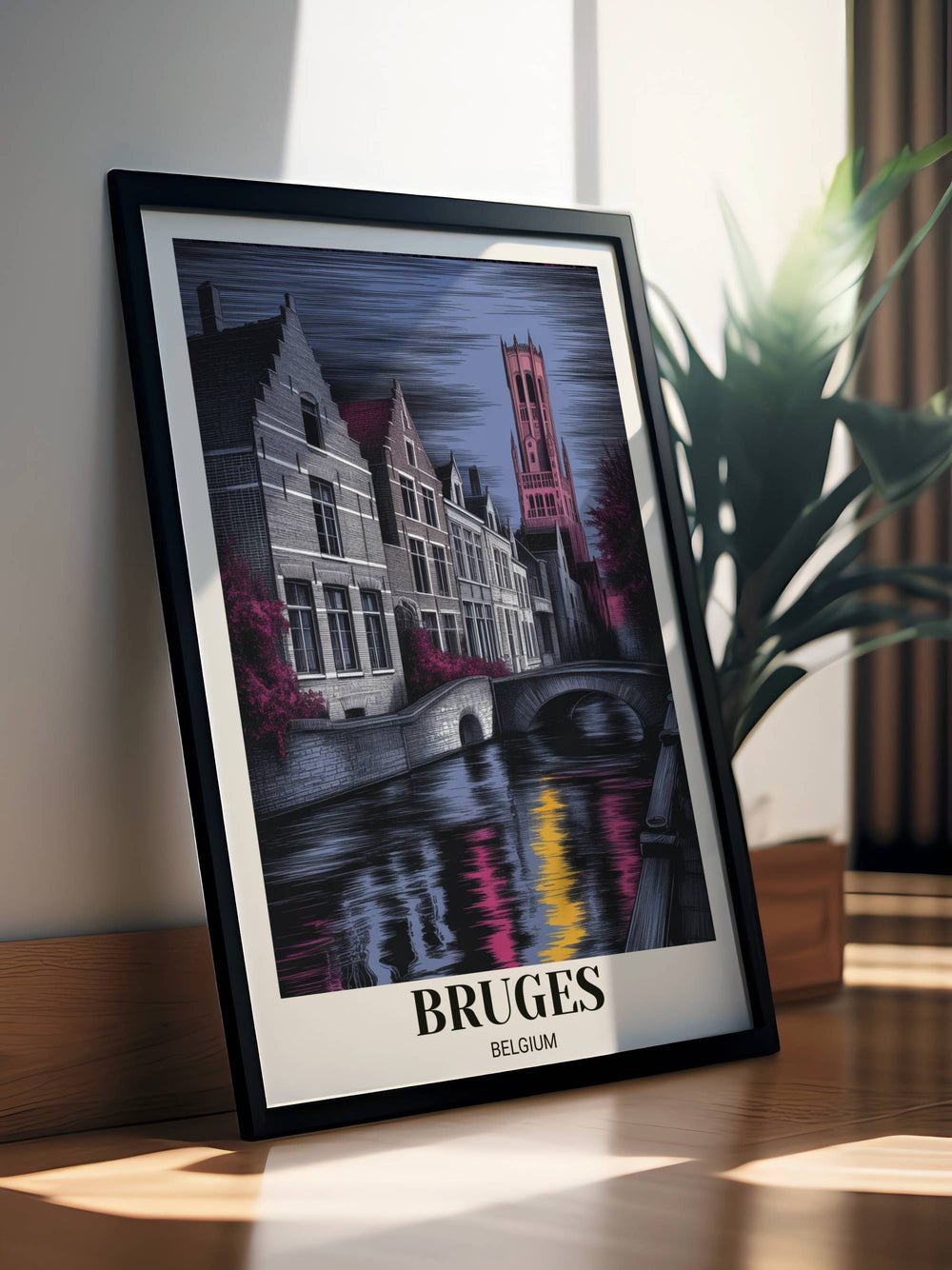 Premium graphic travel poster for Bruges Belgium featuring a unique "Fire and Ice" color palette with neon pink highlights and deep blue shadows on the canal.