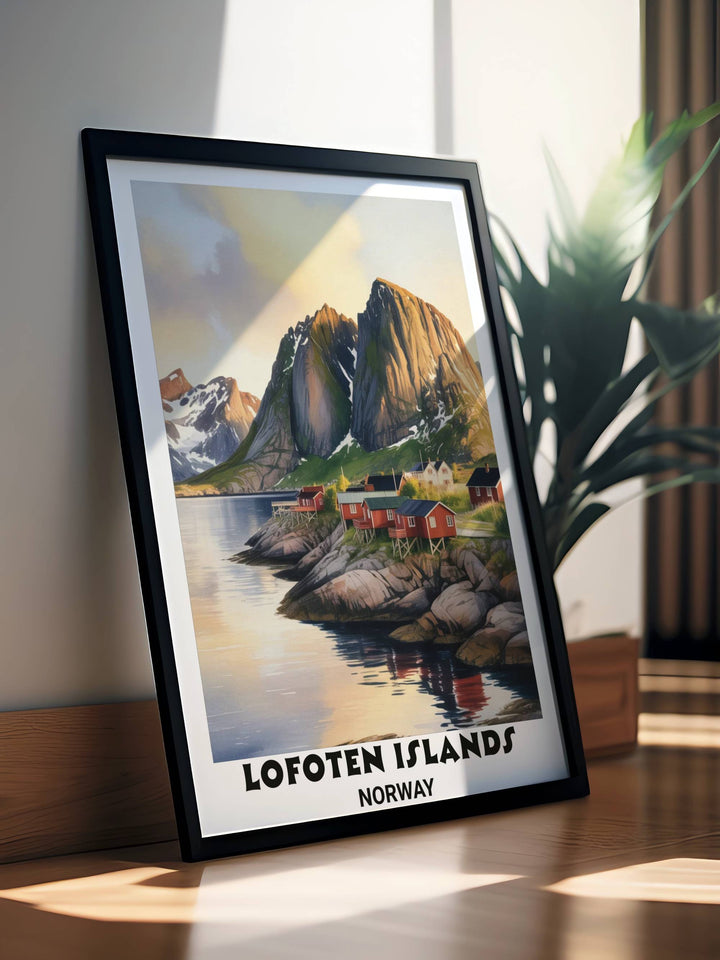 Detailed digital painting of the Lofoten Islands with atmospheric lighting on the mountain ridges and a serene water foreground, available as a high-quality matte paper art print.
