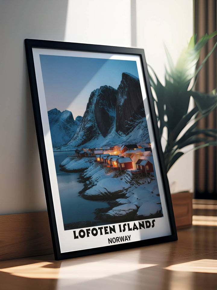 Detailed digital painting of the Lofoten Islands during the Arctic winter featuring atmospheric lighting, cozy cabin interiors, and a serene shoreline with soft snow textures.