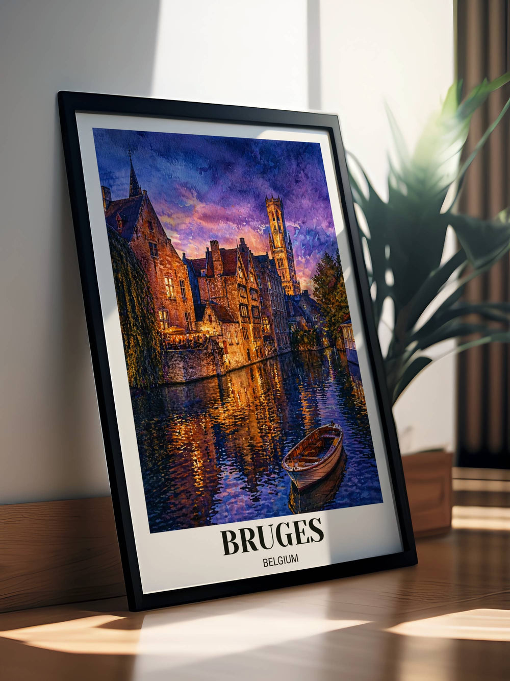 Romantic Bruges Belgium travel poster with a cream border and bold typography, showing a scenic canal reflection and the historic city center in a vibrant watercolor style.