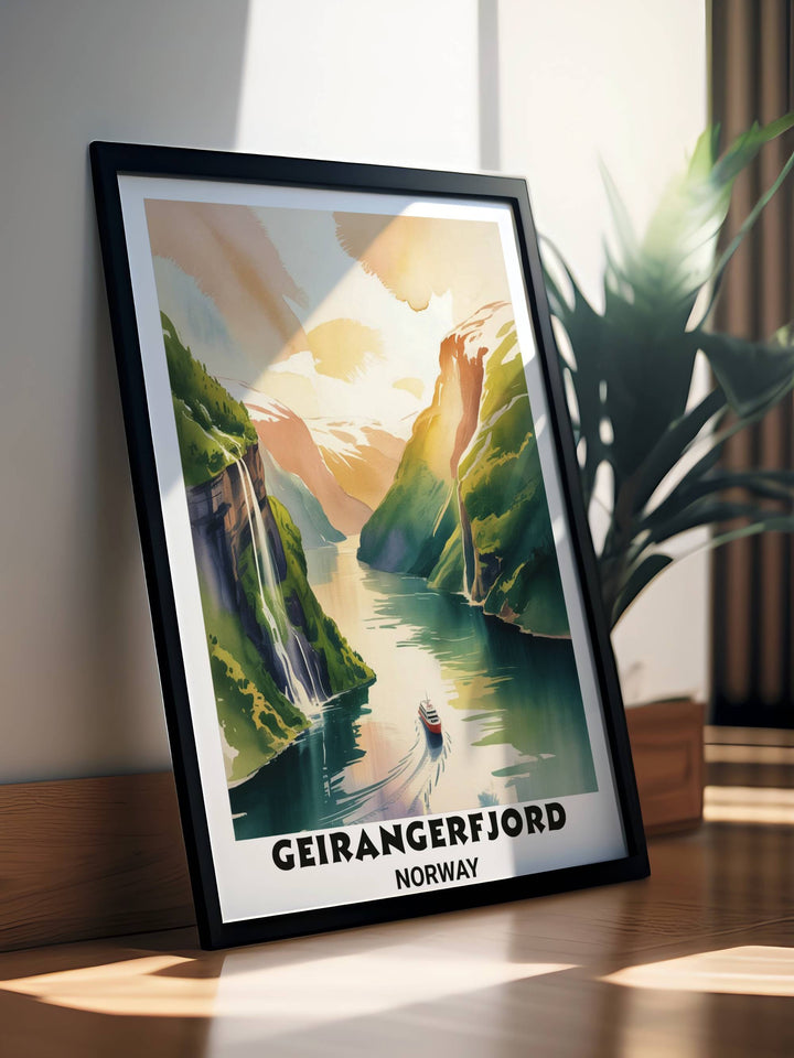 Scandinavian style travel art showing the Seven Sisters waterfalls in Norway with a vintage aesthetic and bold typography, ideal for a Nordic inspired gallery wall collection.