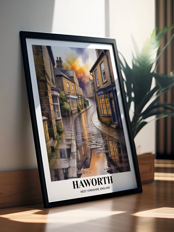 Haworth West Yorkshire travel poster showing a rainy cobblestone street at sunset with warm golden light reflecting off wet stones in a cinematic watercolor style.