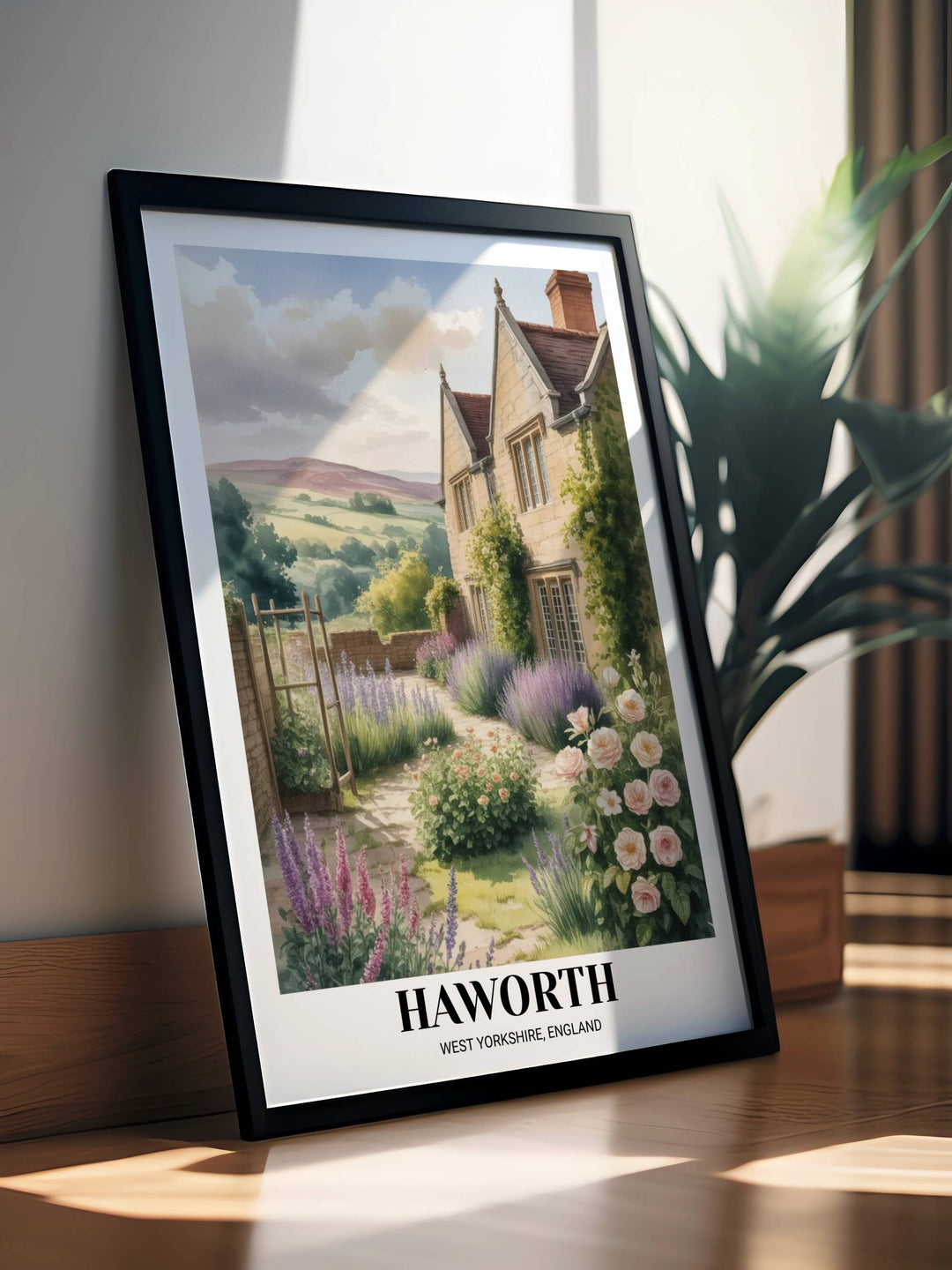 English cottage garden art featuring the iconic Haworth parsonage, perfect for a reading nook or home library dedicated to classic British literature.