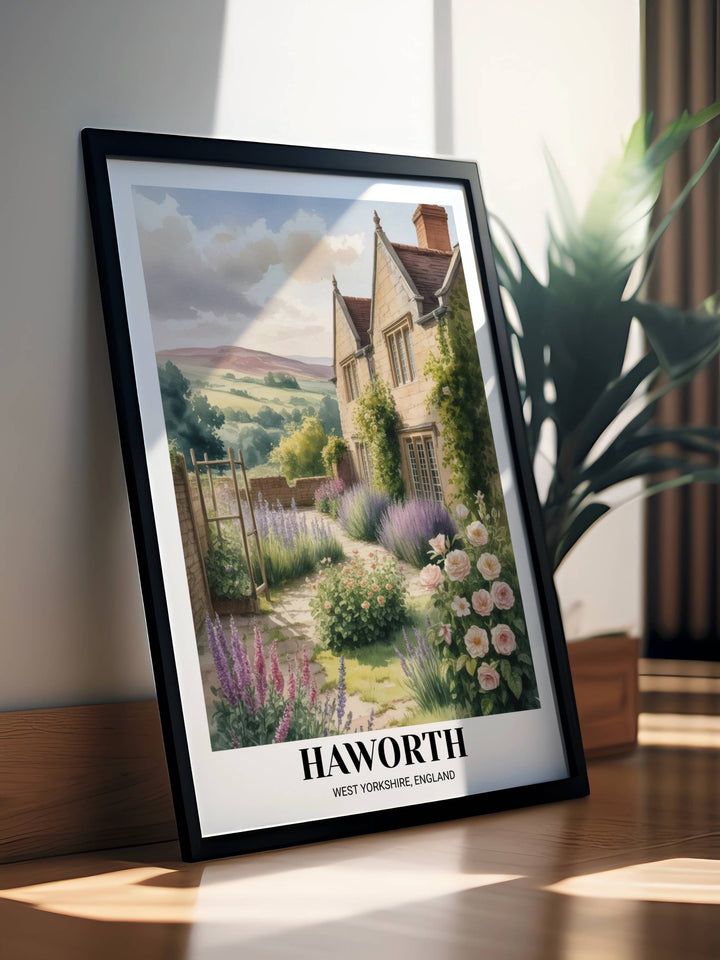 English cottage garden art featuring the iconic Haworth parsonage, perfect for a reading nook or home library dedicated to classic British literature.
