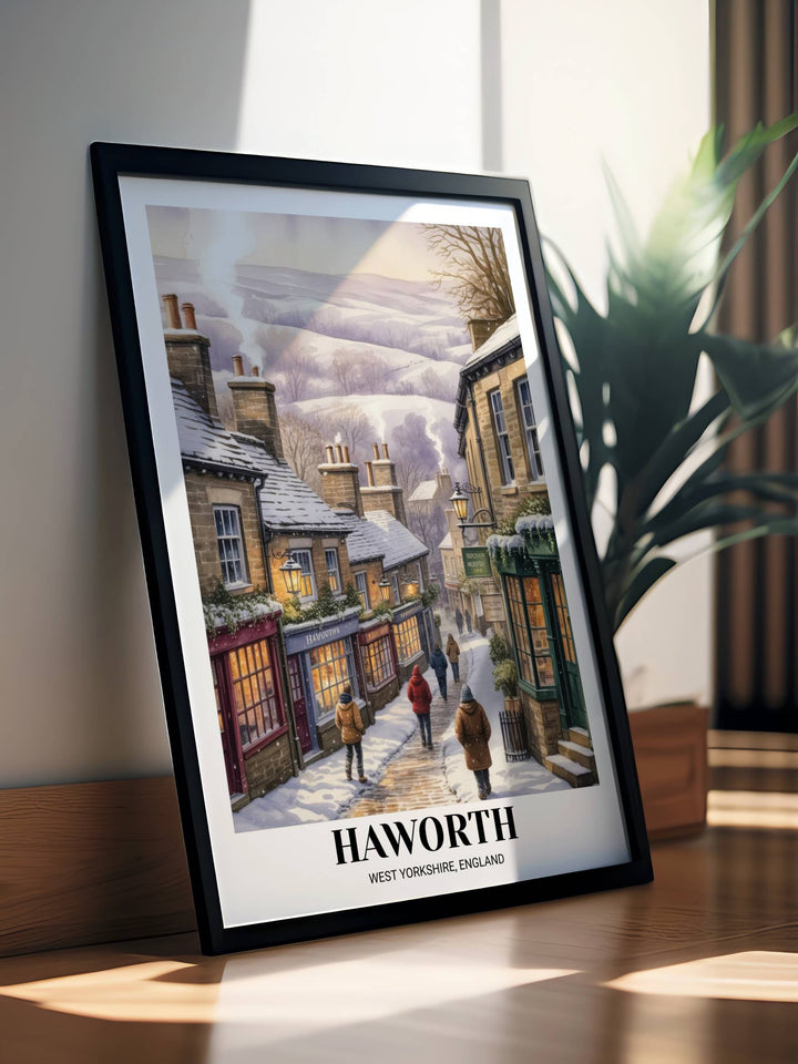 Atmospheric winter watercolor of Haworth village in Yorkshire, featuring snow-covered gritstone buildings and a peaceful, frozen English countryside aesthetic.
